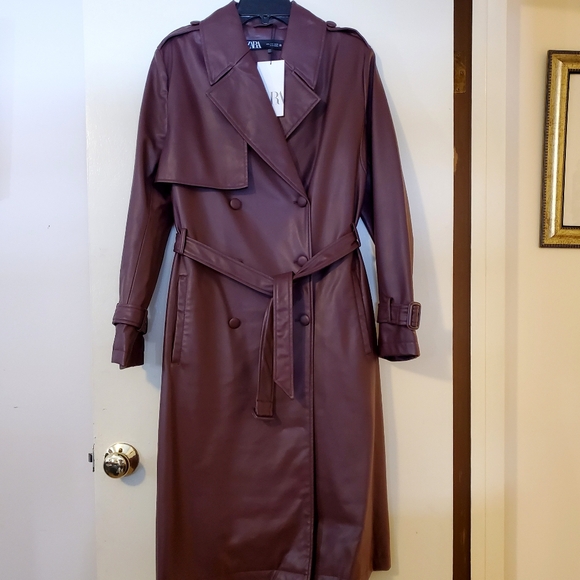 NWT ZARA Burgundy Faux Leather Trench Coat, Sz L - Picture 7 of 16